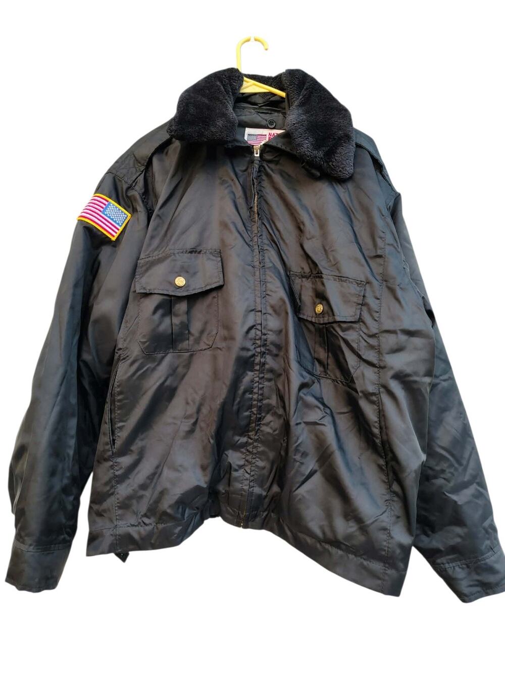 National Patrol Jacket Mens XL Black Bomber Faux Fur Collar Nylon USA Flag Patch